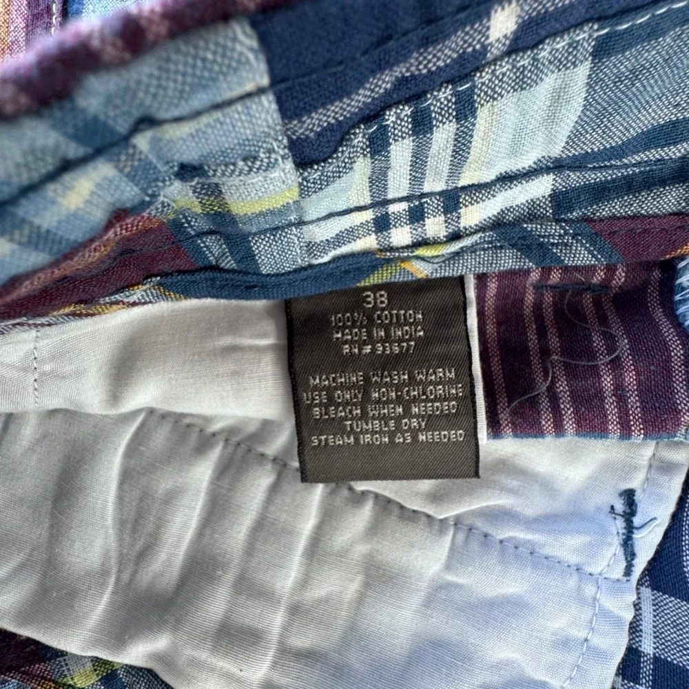 St Johns Bay Patchwork Plaid‎ Shorts Mens 38 Blue Madras Preppy Coastal Cotton